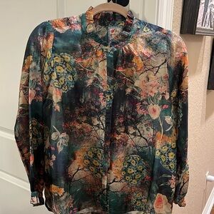 JOHNNY WAS SILK BLOUSE-small ruffle at neckline and edge of sleeve